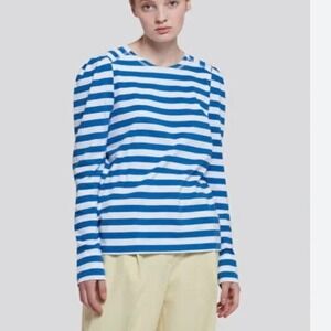 Ganni Blue White Striped Long Sleeve‎  Puff Shoulder Top Large Nautical Preppy
